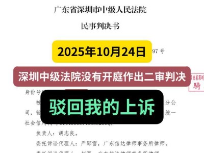 2025年10月24日，深圳中级法院没有开庭作出二审判决，驳回我的上诉