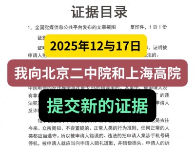 2025年12与17日，我向北京二中院和上海高院提交新的证据