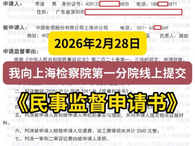 2026年2月28日，我向上海检察院第一分院线上提交《民事监督申请书》