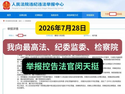 2026年7月28日，我向最高法、纪委监委、检察院举报控告法官闵天挺